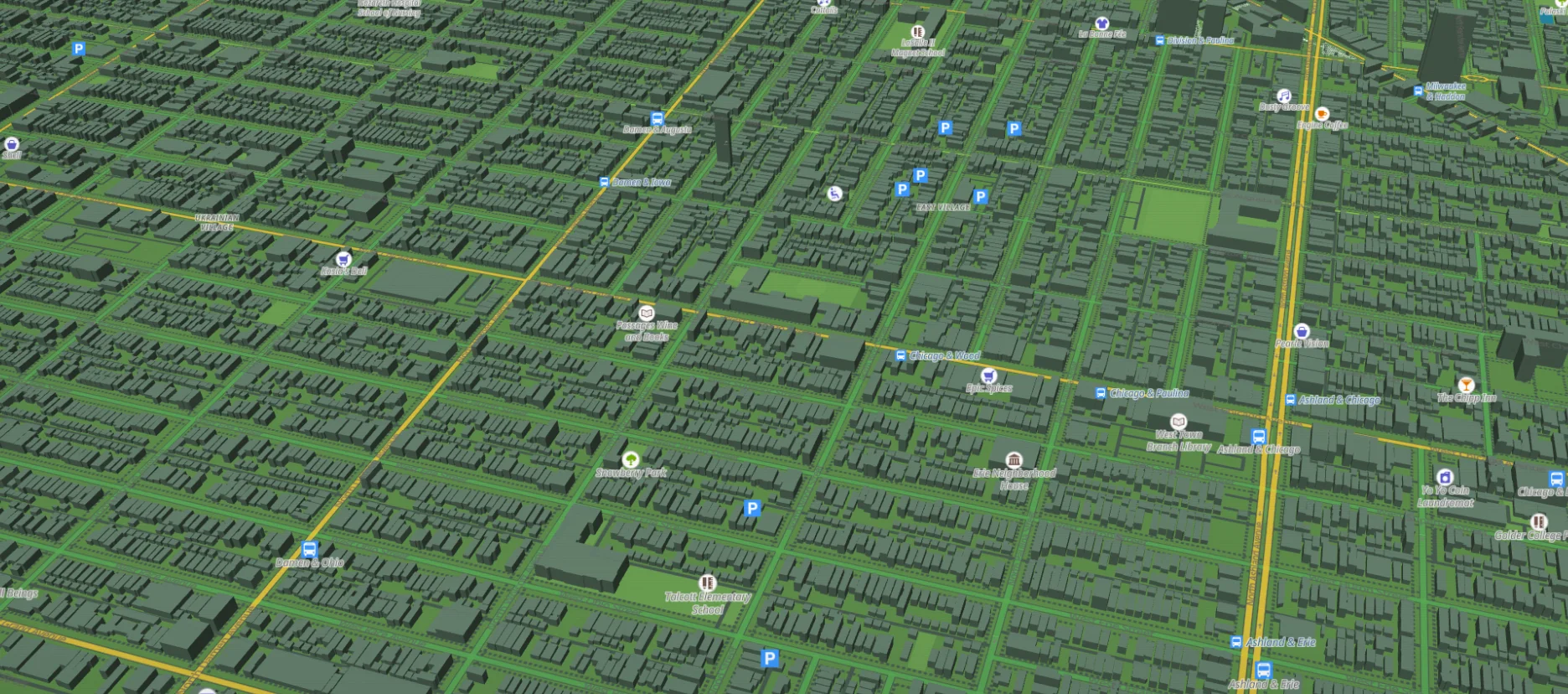Pre-alpha city map preview showing streets, buildings, transit stops, and points of interest